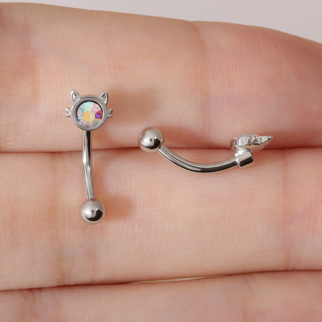 16G AB Cubic Zirconia Cat Curved Barbell, Elegant Silver CZ 8mm Bar Eyebrow Piercings Barbell, Cute Cat CZ Rook Earring, 8mm Cute Cat Rook Barbell