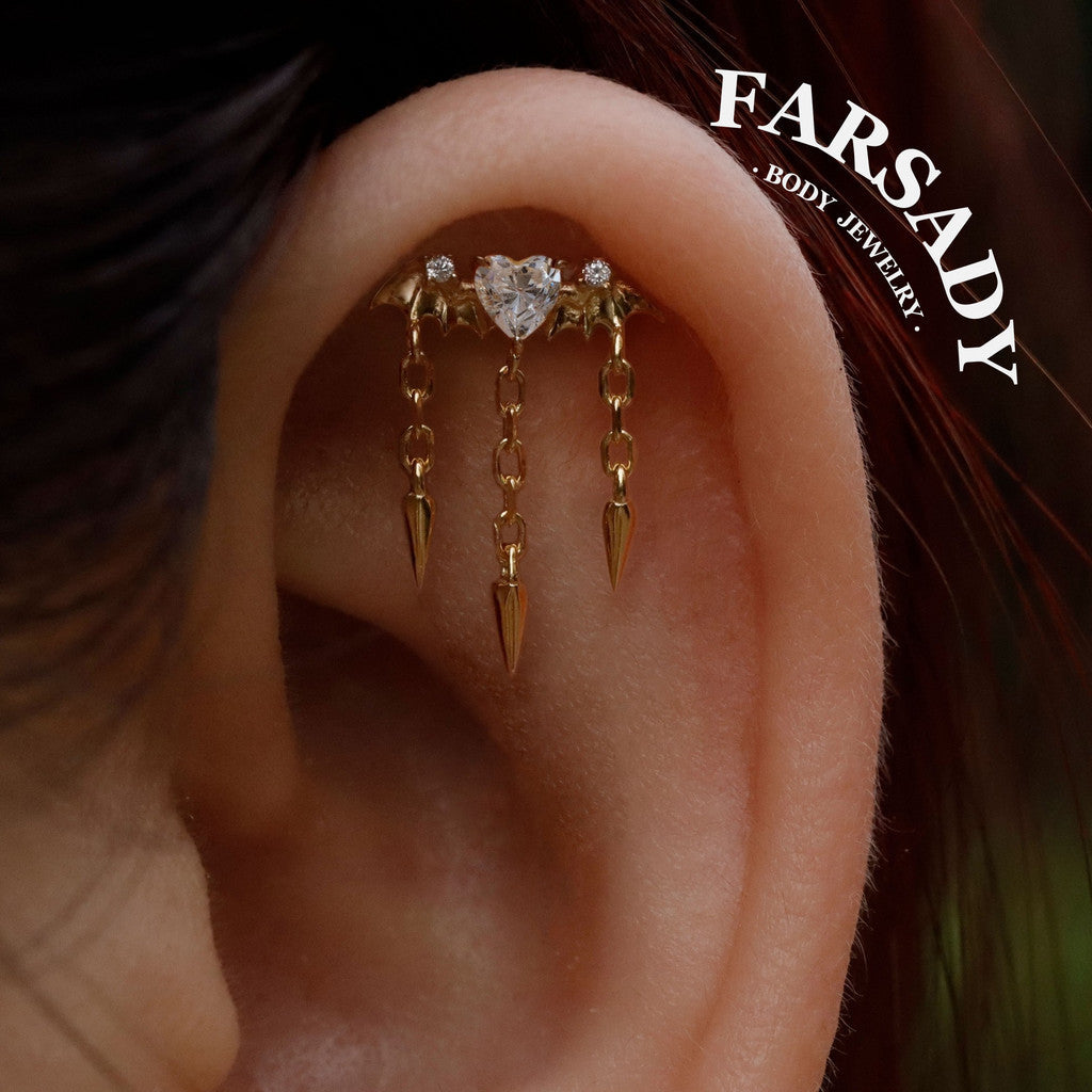 Bat Wing Heart - 925 Silver Threadless Stud / Fits Vertical Helix Hidden Rook Earring