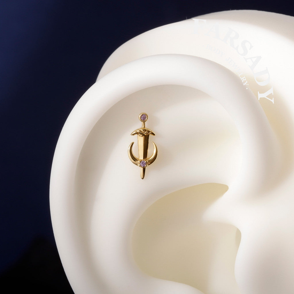 Lunar Sword - 925 Silver Threadless Stud / Fits Cartilage Helix Tragus Lobe Nostril Piercing