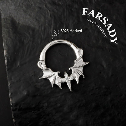 Dusk Wing - 925 Silver CZ Hinged Clicker Hoop / Fits 16G Septum Ring Helix Conch Daith Earring