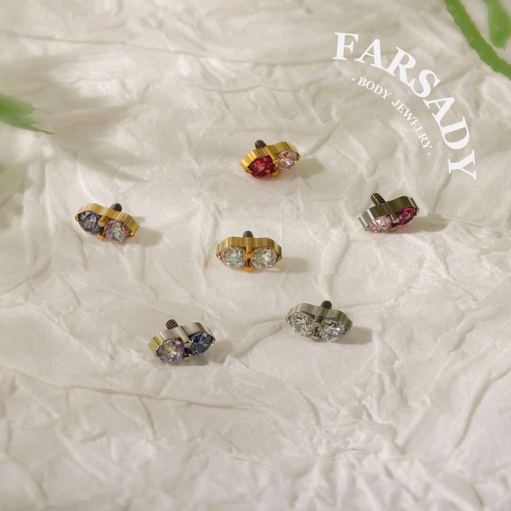 Vertical Twin Gem - F136 Titanium Internally Threaded Stud / Fits Cartilage Helix Tragus Lobe Nostril Piercing