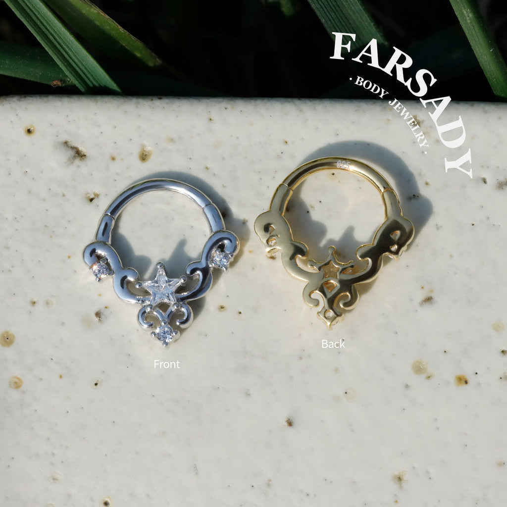 Sterling Silver Star-Shape CZ Septum Ring: S925 Plated 18K Gold, Alt Fashion Daith Earring, Sharp Spike Helix Tragus Conch Hoop Jewelry