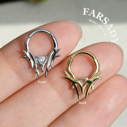 16G Thron Theme Septum Ring with Triangle Stone: Original Design Daith Earring Hoop, 8/10mm Hinged Septum Clicker, 316L Steel Nose Ring Hoop