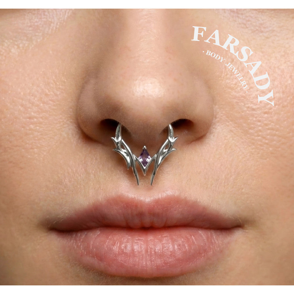 Thorn Diamond Shape Amethyst CZ Septum Ring Sterling Silver Plated 18K Gold Alt Fashion Sharp Spike Daith Earring Helix Tragus Conch Hoop Daily Wear Gothic Gift Jewelry