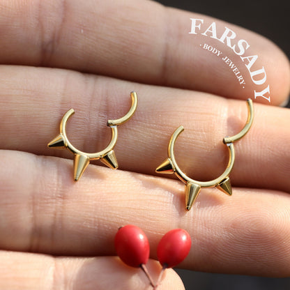 16G Titanium Triple Spike Hinged Septum Ring, Punk Style Segment Hoop, Spiked Daith & Nose Clicker Piercing Jewelry in Silver & Gold, Daily Wear with Gift Box