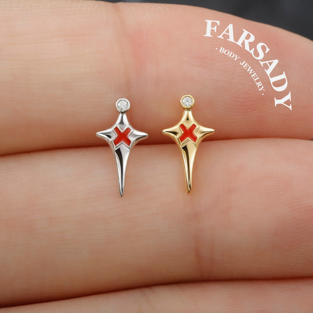 Sterling Silver Red X Threadless Labret, F136 Titanium Push Pin Stud, 925 Silver Gothic Earring, 16G 18G 20G Flat Back, Helix Tragus Conch Piercing Jewelry
