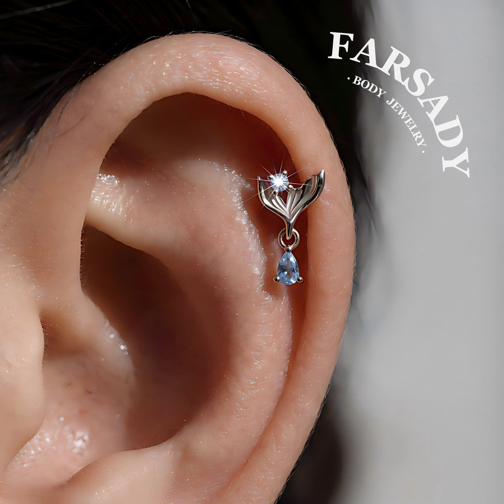 Mermaid Legend Helix Stud Earring with Blue CZ Dangle, Sterling Silver Tragus Lobe Conch Piercing Jewelry, Titanium Flat Back Ear Stack