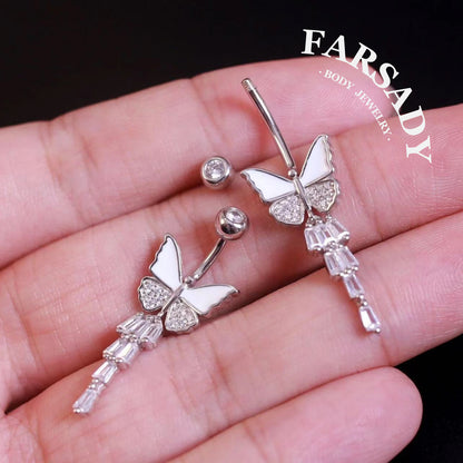 14G Sterling Silver White Butterfly Belly Button Ring | S925 Navel Piercing Jewelry | 5A Cubic Zirconia Dangle Navel Ring | Elegant Daily Wear Piercing Jewelry with Gift Box