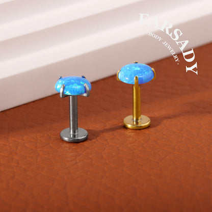 16G/18G/20G Titanium Threadless Blue Opal Stud Earring, Helix Earring Conch Stud Tragus Piercing Jewelry, 5mm/6mm/8mm/10mm Push-in Flat Back