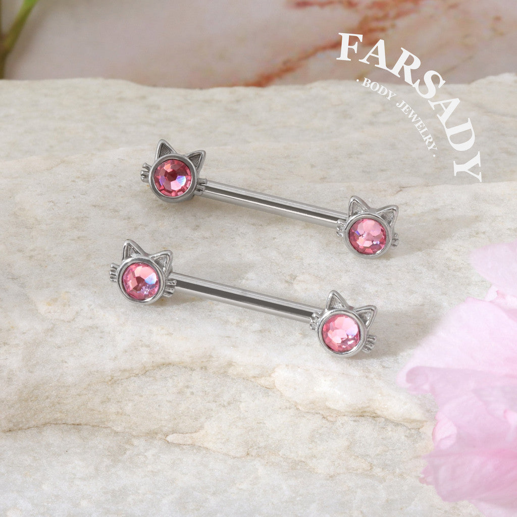 Pink Eyed Cat - 2PCS Pink CZ Straight Barbell / Fits 16G Chest Piercing Nose Bridge