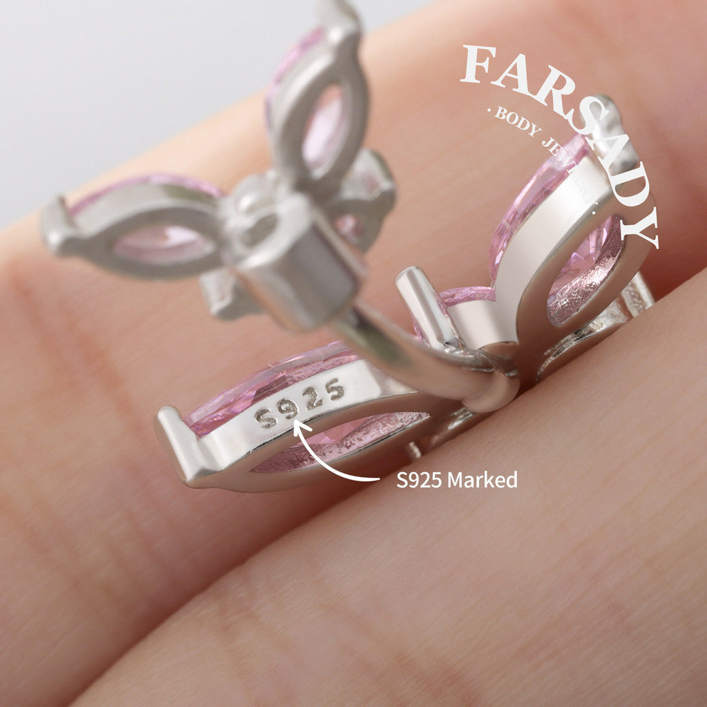 Twin Pink Butterfly Echo - 925 Silver Belly Button Ring / Fits 14G Navel Piercing