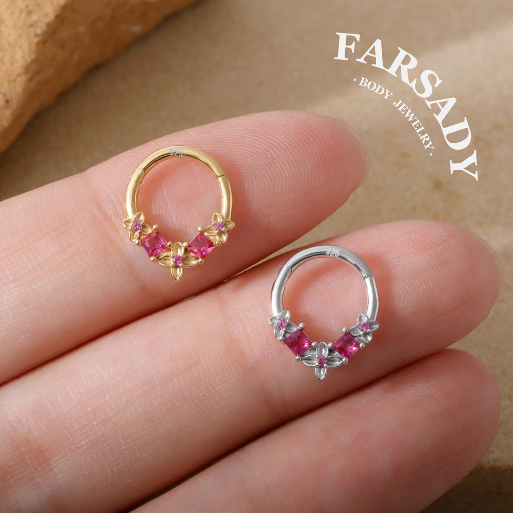 Fuchsia Arc - 925 Silver Hinged Clicker Hoop / Fits 16G Septum Ring Helix Conch Daith Earring