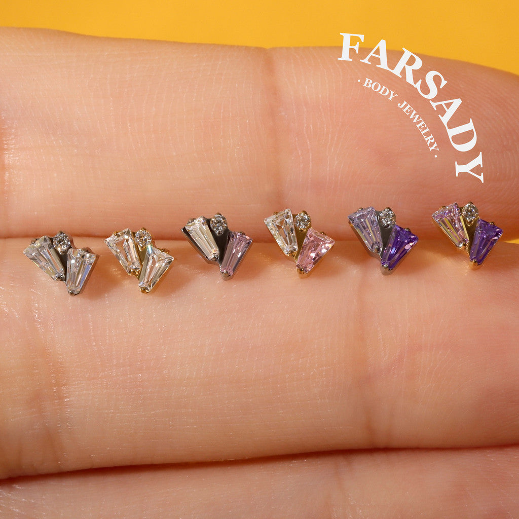 Twin Trapezoid - F136 Titanium Colorful CZ Replacement Tops / Fits Internal Thread Ear Studs