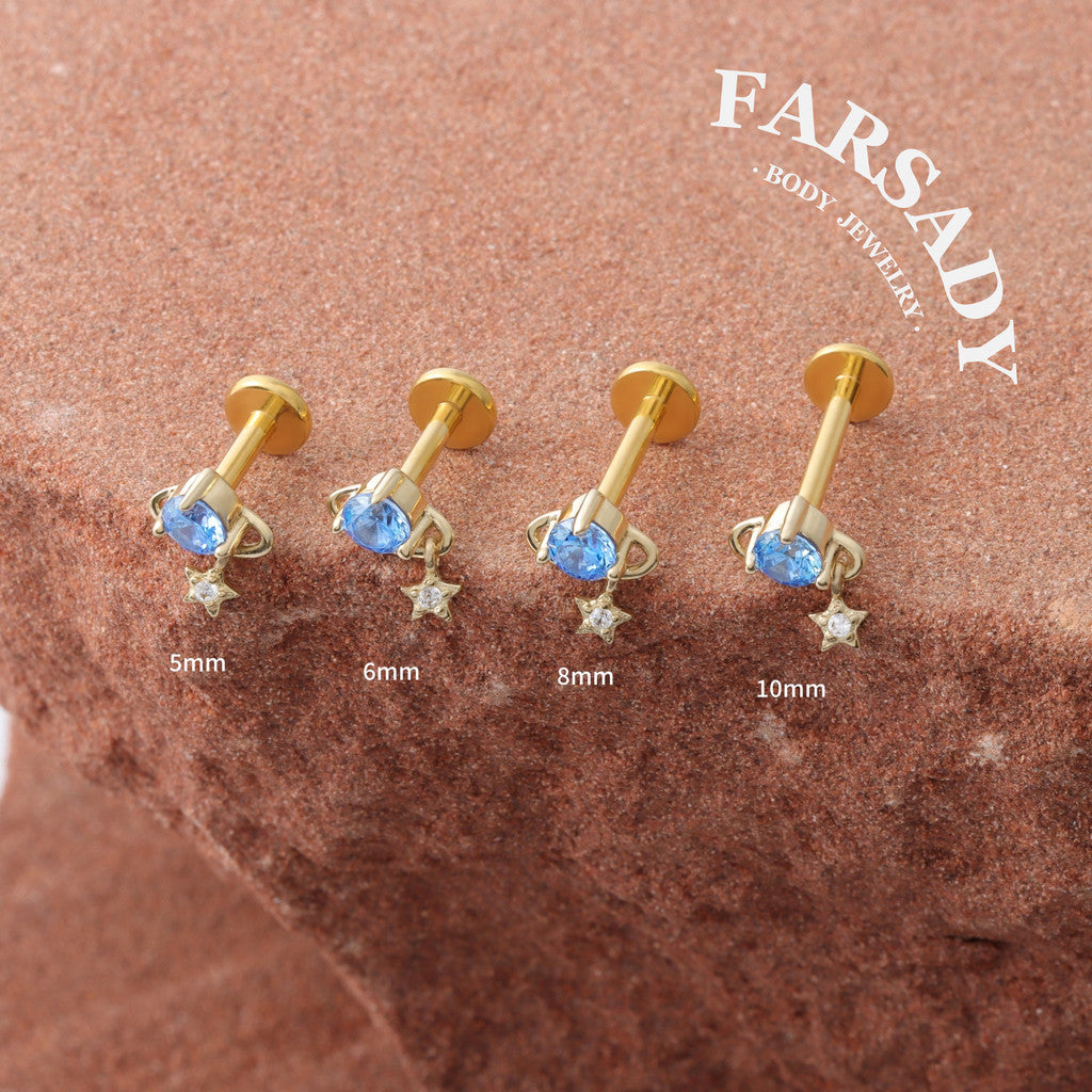 Aquamarine Planet - Solid 14K Gold Internally Threaded Stud / Fits Cartilage Helix Tragus Lobe Piercing