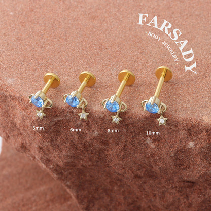 Aquamarine Planet - Solid 14K Gold Internally Threaded Stud / Fits Cartilage Helix Tragus Lobe Piercing