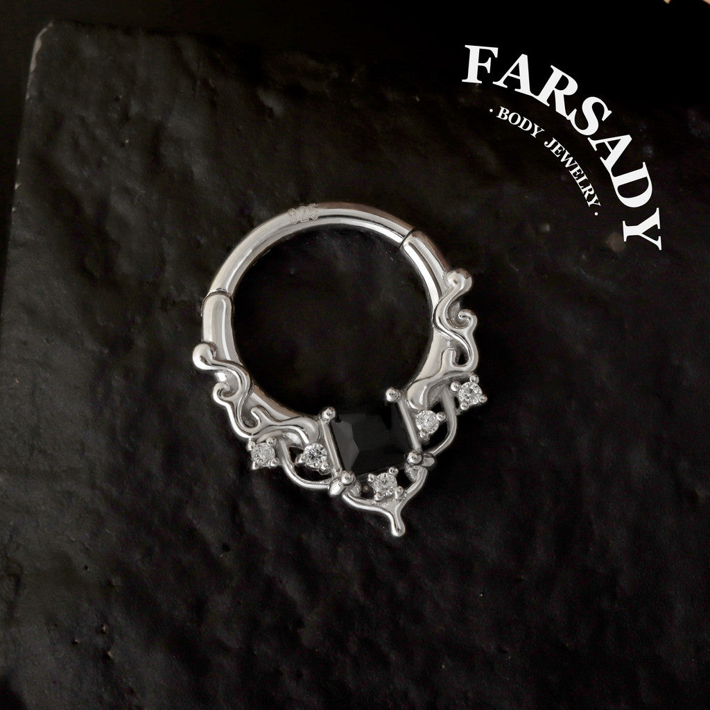 Black CZ Byzantine Design Septum - 925 Sterling Silver Septum Ring| Hinged Segment Clicker| Nose/Helix/Daith/Lobe Clicker | Gold or Silver