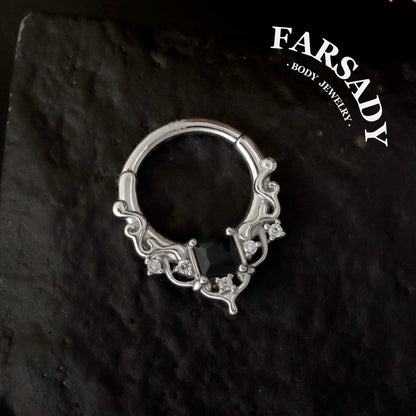 Black CZ Byzantine Design Septum - 925 Sterling Silver Septum Ring| Hinged Segment Clicker| Nose/Helix/Daith/Lobe Clicker | Gold or Silver
