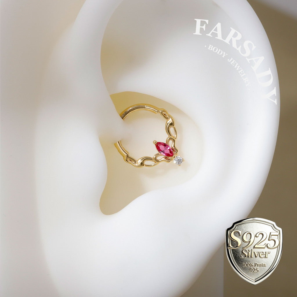16G Sterling Silver Butterfly Hinged Daith Hoop Earring, Sterling Silver Daith Jewelry, Ruby Daith Hoop Earring, 8mm Cartilage Hoop, Gold Helix| Tragus Hoop