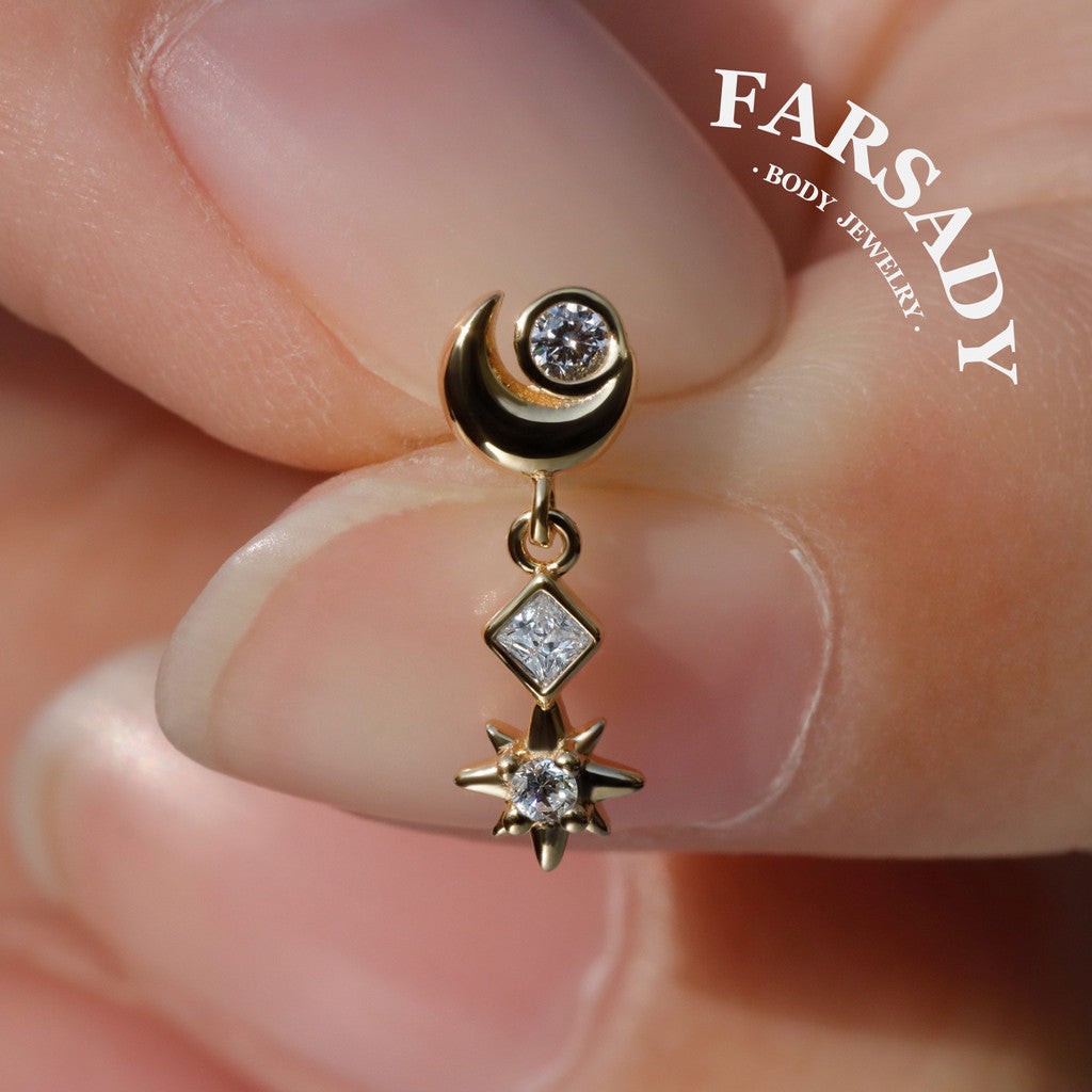 Luna Flare Dangle Threadless Push In Helix Stud, Sterling Silver Cartilage Stud, Flat Back Titanium Post, Design Satr Tragus/ Lobe Earring