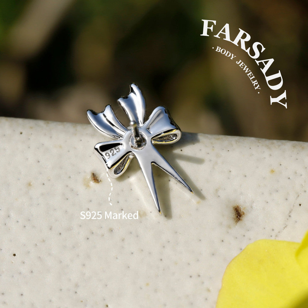 Rebel Ribbon Threadless Push In Tragus Stud, Sterling Silver Cartilage Stud, Flat Back Titanium Post, Design Flower Helix/ Lobe/ Lip Earring