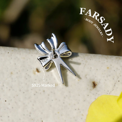 Rebel Ribbon Threadless Push In Tragus Stud, Sterling Silver Cartilage Stud, Flat Back Titanium Post, Design Flower Helix/ Lobe/ Lip Earring
