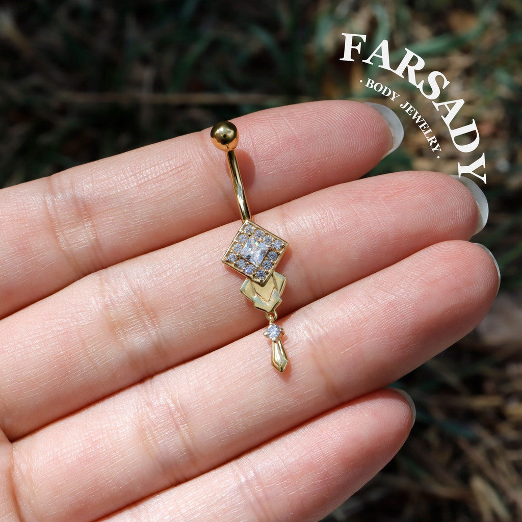 14G Belly Button Ring – 925 Silver 18K Gold Plated| Clear CZ Amulet Belly Ring Dangle Bar| Hypoallergenic Navel Piercing Jewelry| Waterproof