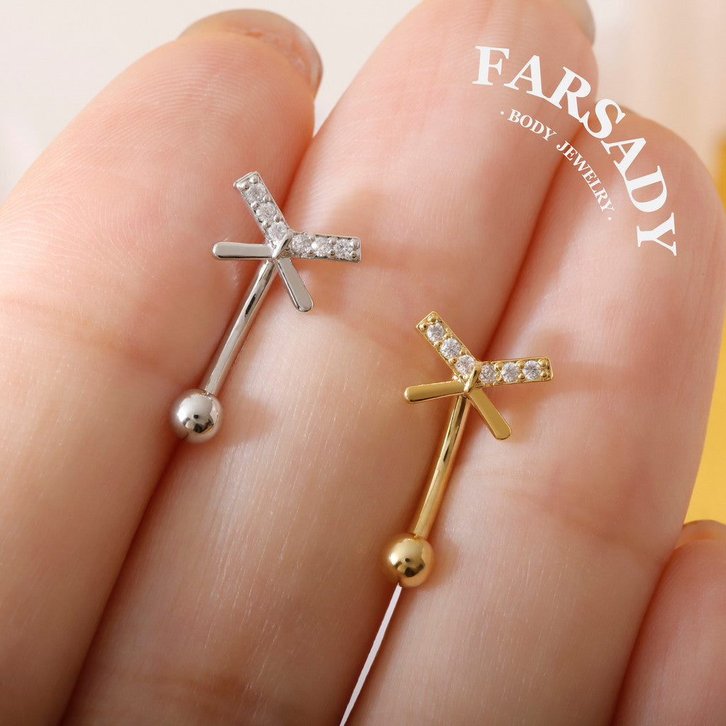 Cross Star Trace - 316L Clear CZ Curved Barbell / Fits 16G Rook Daith Earring Lip Eyebrow Cartilage Piercing