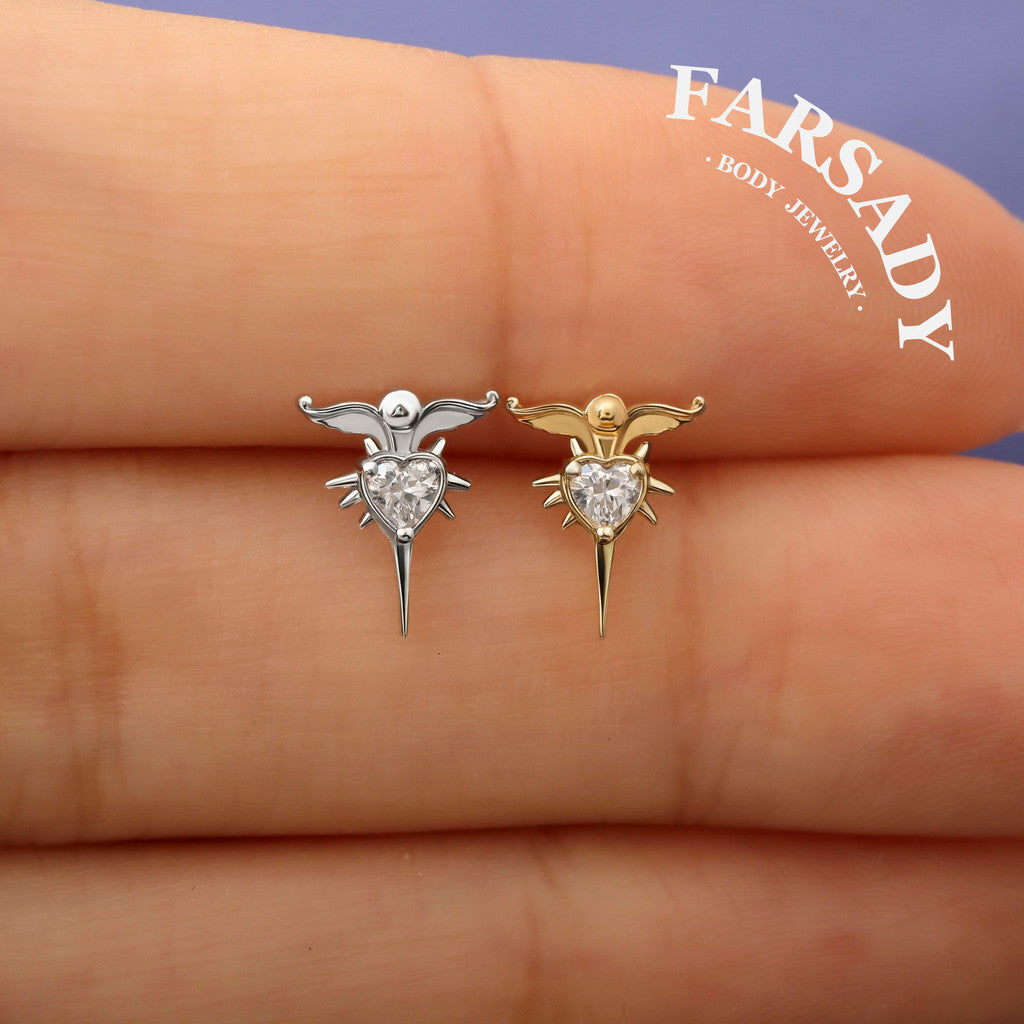Winged Thorn - 925 Silver Threadless Stud / Fits Cartilage Helix Tragus Lobe Nostril Piercing