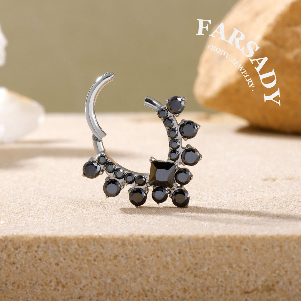 Obsidian Veil - F136 Titanium Hinged Clicker Hoop / Fits 16G Septum Ring Helix Conch Cartilage Earring