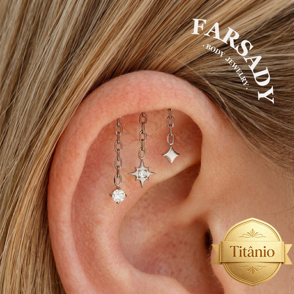 Triple Star Dangle Hidden Helix Threadless Earring, Implant Grade Push-in Stud, Flat Back Floating Helix Piercing Jewelry, 16G/18G/20G