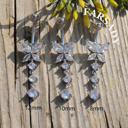 14G Sterling Silver Butterfly Dangle Belly Button Ring - Clear CZ 8mm to 12mm  Navel Body Piercing Jewelry - Non Healed Piercing Friendly Body Jewelry