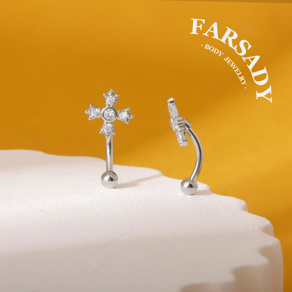 Four-Petal Star Cross - 316L Clear CZ Curved Barbell / Fits 16G Rook Daith Earring Lip Eyebrow Cartilage Piercing