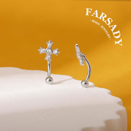 Four-Petal Star Cross - 316L Clear CZ Curved Barbell / Fits 16G Rook Daith Earring Lip Eyebrow Cartilage Piercing