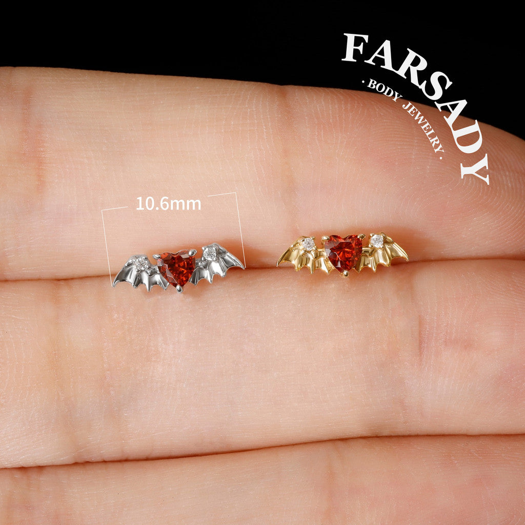 Crimson Heartwing - 925 Silver Threadless Stud / Fits Cartilage Helix Tragus Lobe Earring