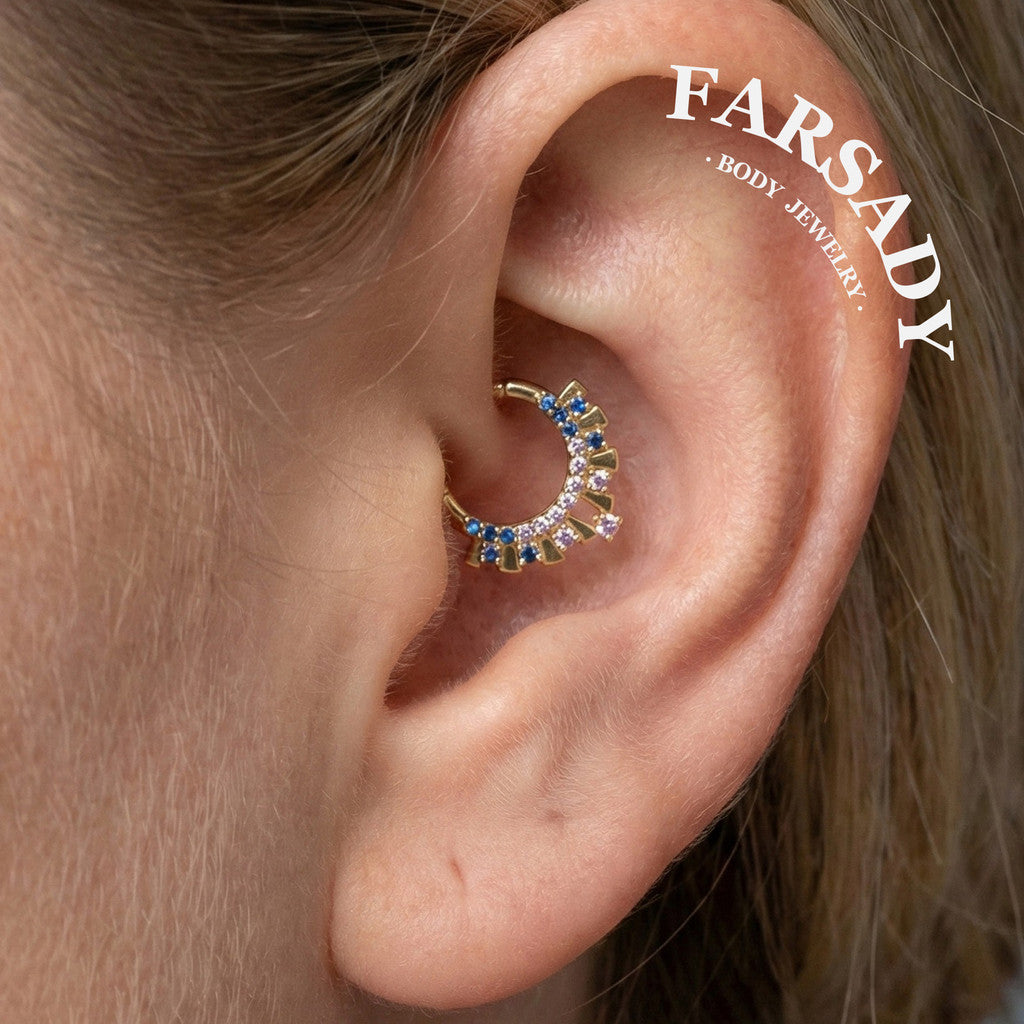 Dusk Fan - 925 Silver CZ Hinged Clicker Hoop / Fits 16G Septum Ring Helix Conch Daith Earring
