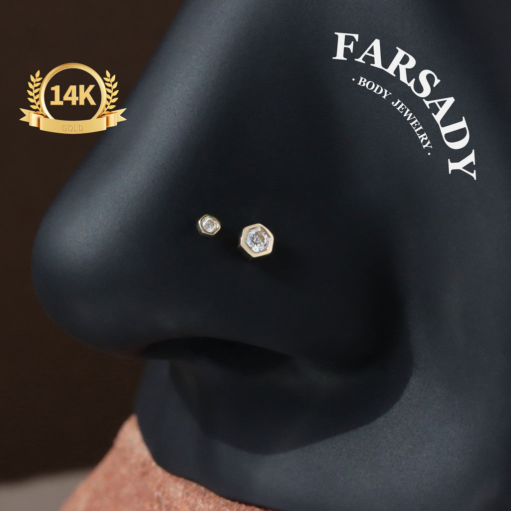Dual Hexa - Solid 14K Gold Threadless Stud / Fits Cartilage Helix Tragus Lobe Nostril Piercing
