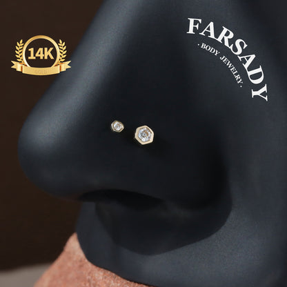 Dual Hexa - Solid 14K Gold Threadless Stud / Fits Cartilage Helix Tragus Lobe Nostril Piercing