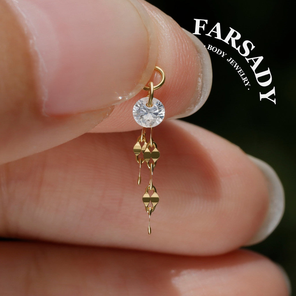 Dew Chain Shimmer - 925 Silver Clear CZ Dangle Charm / Interchangeable Hoop Earring Pendant for Helix Daith Cartilage Piercing