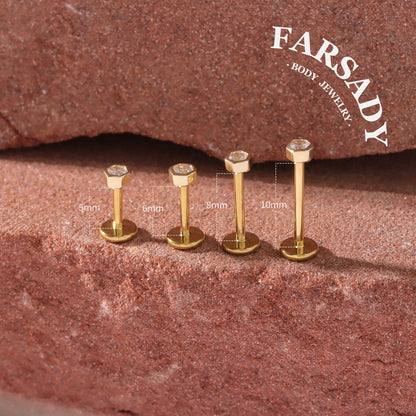 Dual Hexa - Solid 14K Gold Threadless Stud / Fits Cartilage Helix Tragus Lobe Nostril Piercing