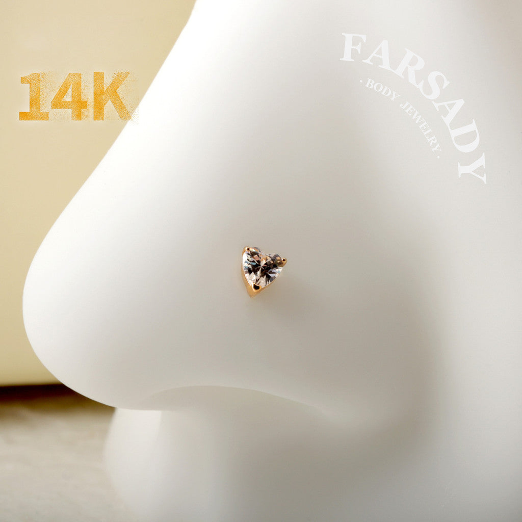 Minimal Heart & Star CZ - Solid 14K Gold L-Shape Stud / Fit 20G Nostril Piercing