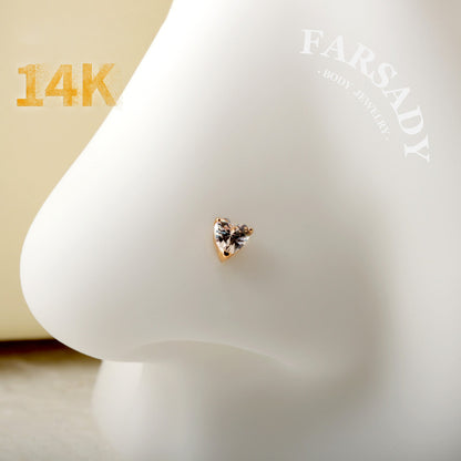 Minimal Heart & Star CZ - Solid 14K Gold L-Shape Stud / Fit 20G Nostril Piercing
