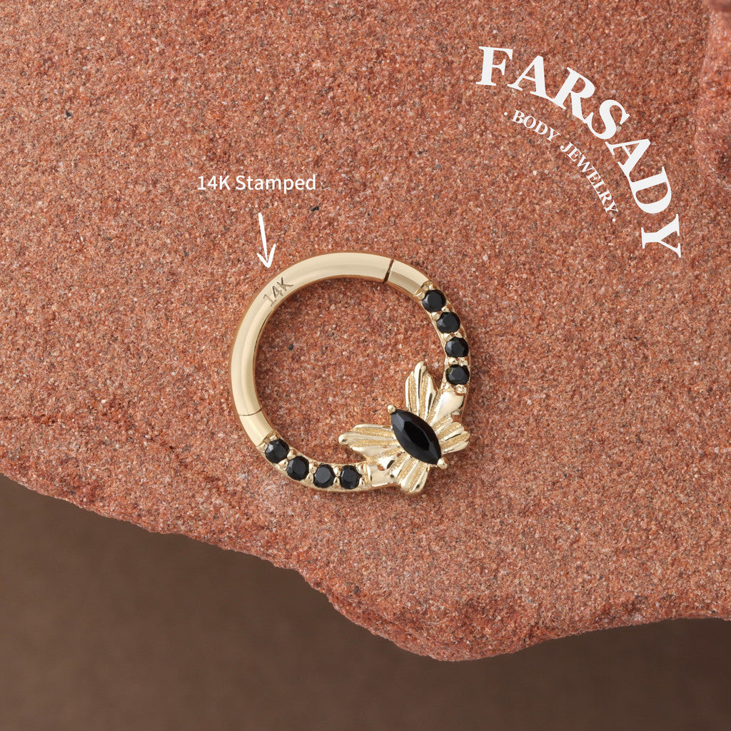 Noir Flutter - Solid 14K Gold Hinged Clicker Hoop / Fits 16G Septum Ring Helix Conch Cartilage Earring