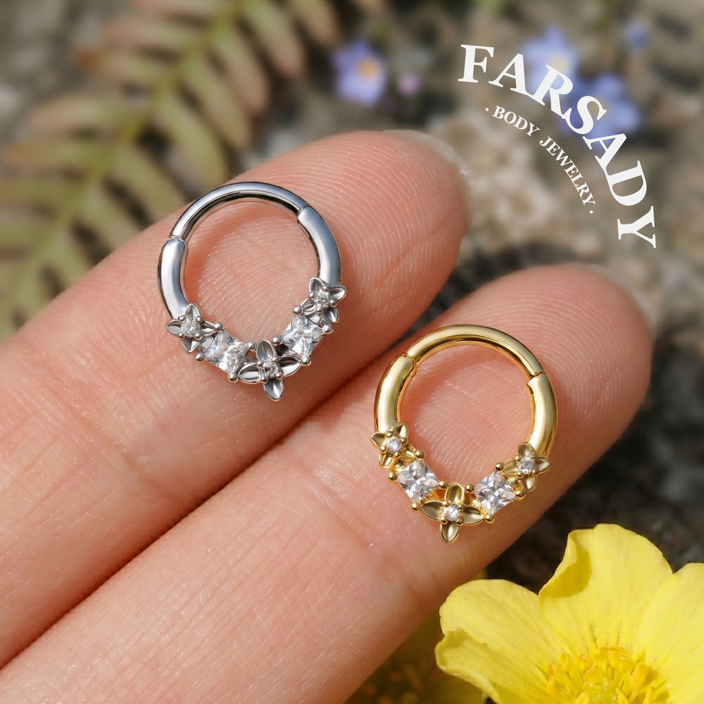316L Flower Septum Clicker, White CZ Septum Nose Ring, 16G 8mm Daith Hoop Earring, Gold Septum Ring, Silver Helix/ Conch/ Tragus Ring