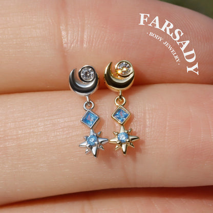 Luna Flare Dangle Threadless Push In Helix Stud, Sterling Silver Cartilage Stud, Flat Back Titanium Post, Design Satr Tragus/ Lobe Earring