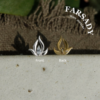 Mini Lotus Threadless Push In Helix Stud, Sterling Silver Cartilage Stud, Flat Back Titanium Post, Design Flower Tragus/ Lobe/ Lip Earring