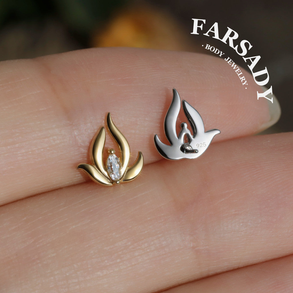 Mini Lotus Threadless Push In Helix Stud, Sterling Silver Cartilage Stud, Flat Back Titanium Post, Design Flower Tragus/ Lobe/ Lip Earring
