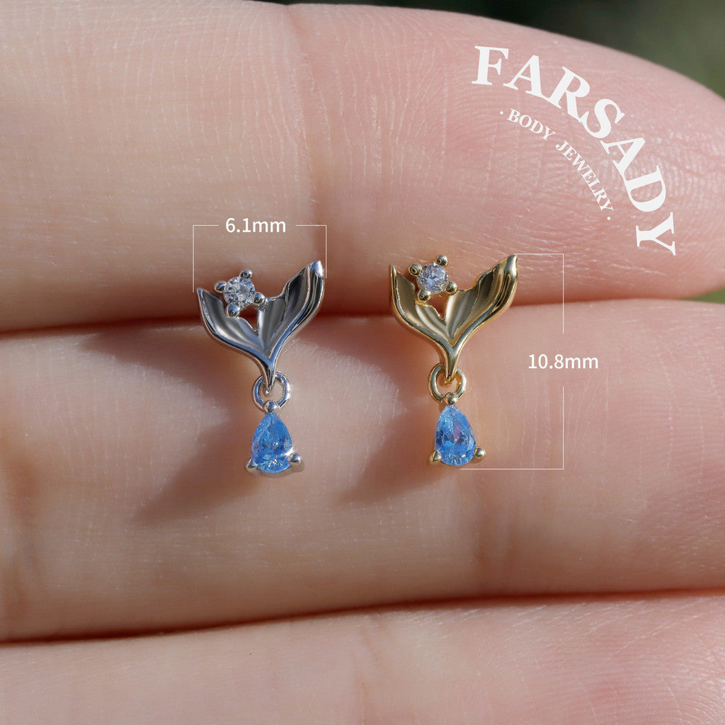 Mermaid Legend Helix Stud Earring with Blue CZ Dangle, Sterling Silver Tragus Lobe Conch Piercing Jewelry, Titanium Flat Back Ear Stack