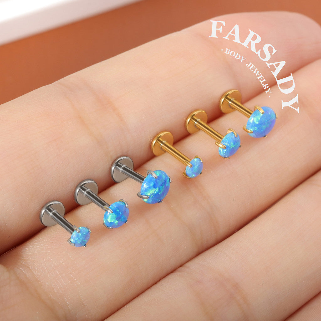 16G/18G/20G Titanium Threadless Blue Opal Stud Earring, Helix Earring Conch Stud Tragus Piercing Jewelry, 5mm/6mm/8mm/10mm Push-in Flat Back
