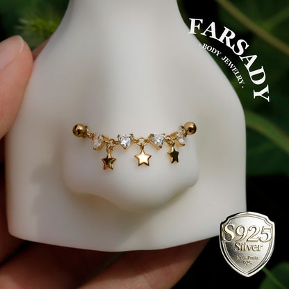 No Rules Star&Heart Chain Charm: Sterling Silver Helix Industril Conch Cartilage Wrap Chain, Dangle Nose Piercing DIY Chain Gold, 25mm 35mm