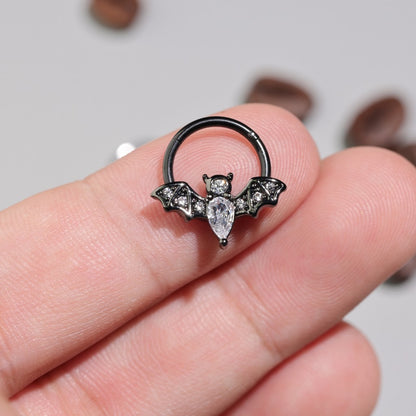 Night Bat - CZ Hinged Clicker Hoop / Fits 16G Septum Ring Helix Conch Cartilage Earring
